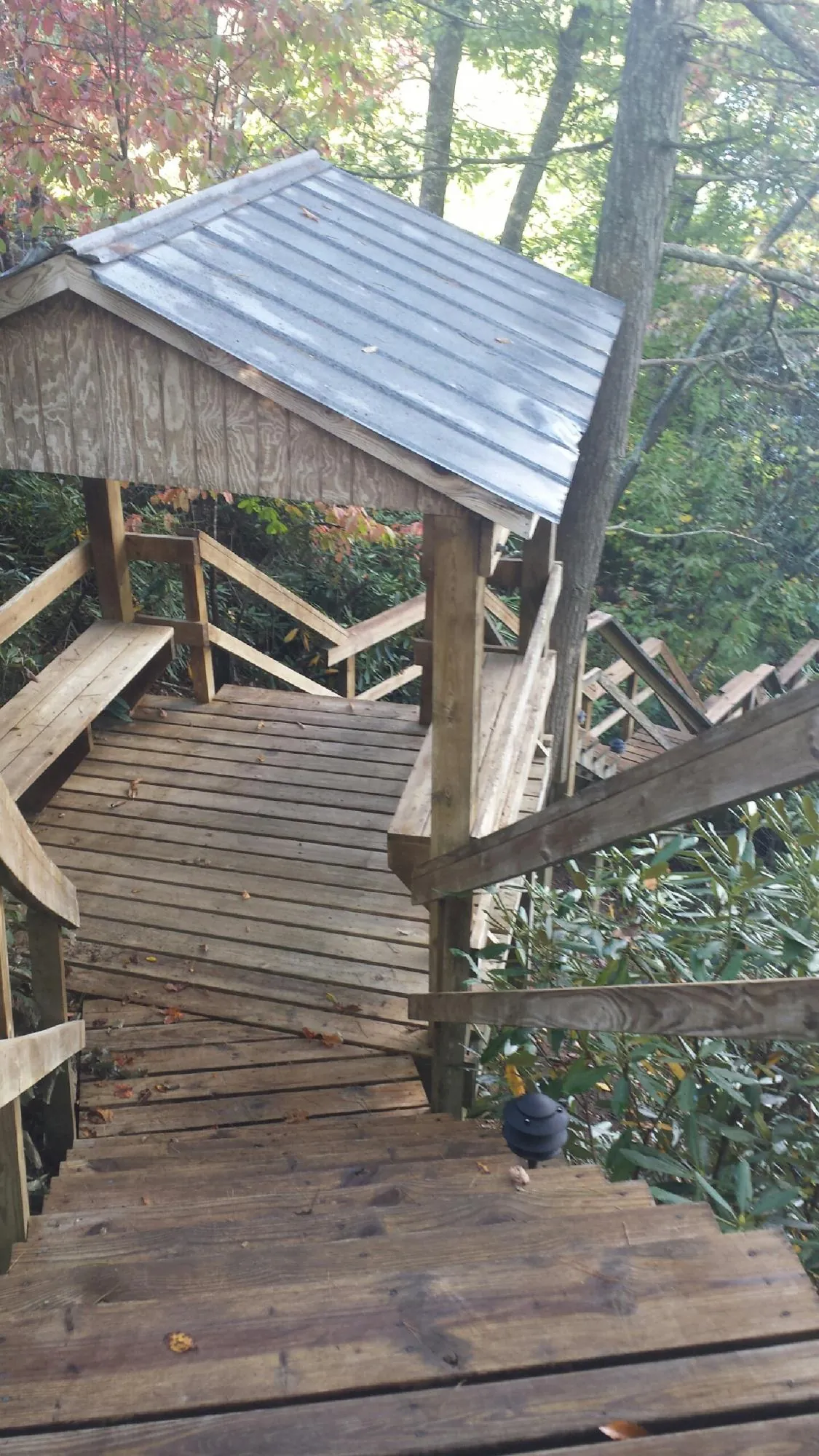 Metal roofed shelter over wooden steps on a wooded walkway — Skylight Repair & Installation work by our crew in Bennett